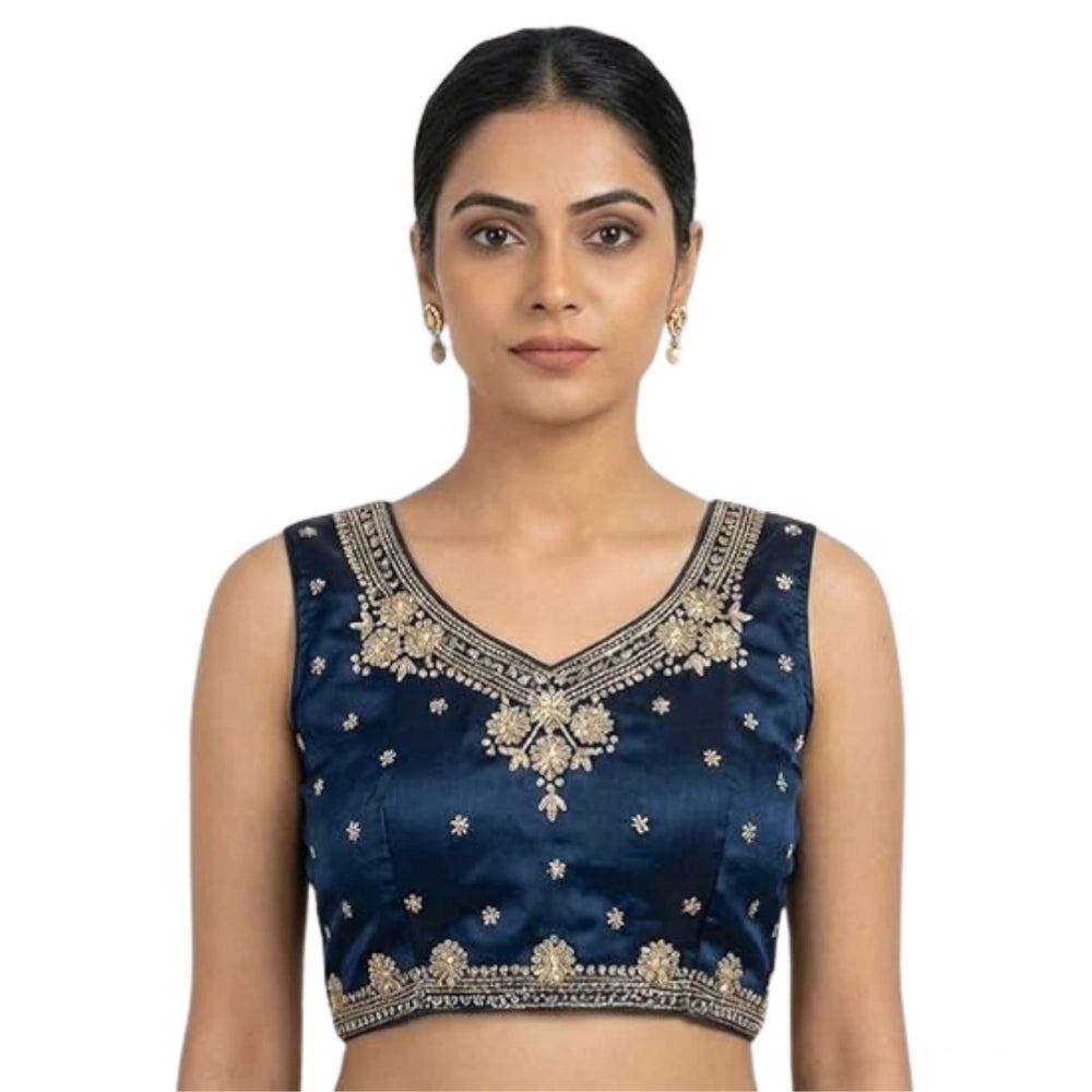 Blue silk embroidered V-neck sleeveless padded blouse for women on hanger, size 38