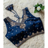 Blue silk embroidered V-neck sleeveless padded blouse for women, size 38 on model