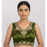 Women's silk embroidered V-neck sleeveless blouse (Mahendi), padded and hook neck closure