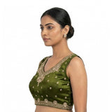 Women's silk embroidered V-neck sleeveless blouse (Mahendi), padded, hook closure, vibrant embroidery detail