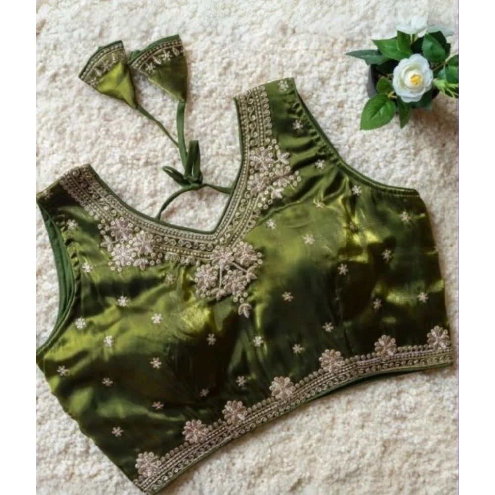 Women's silk embroidered V-neck sleeveless padded blouse (Mahendi), detailed close-up of intricate patterns on silk material