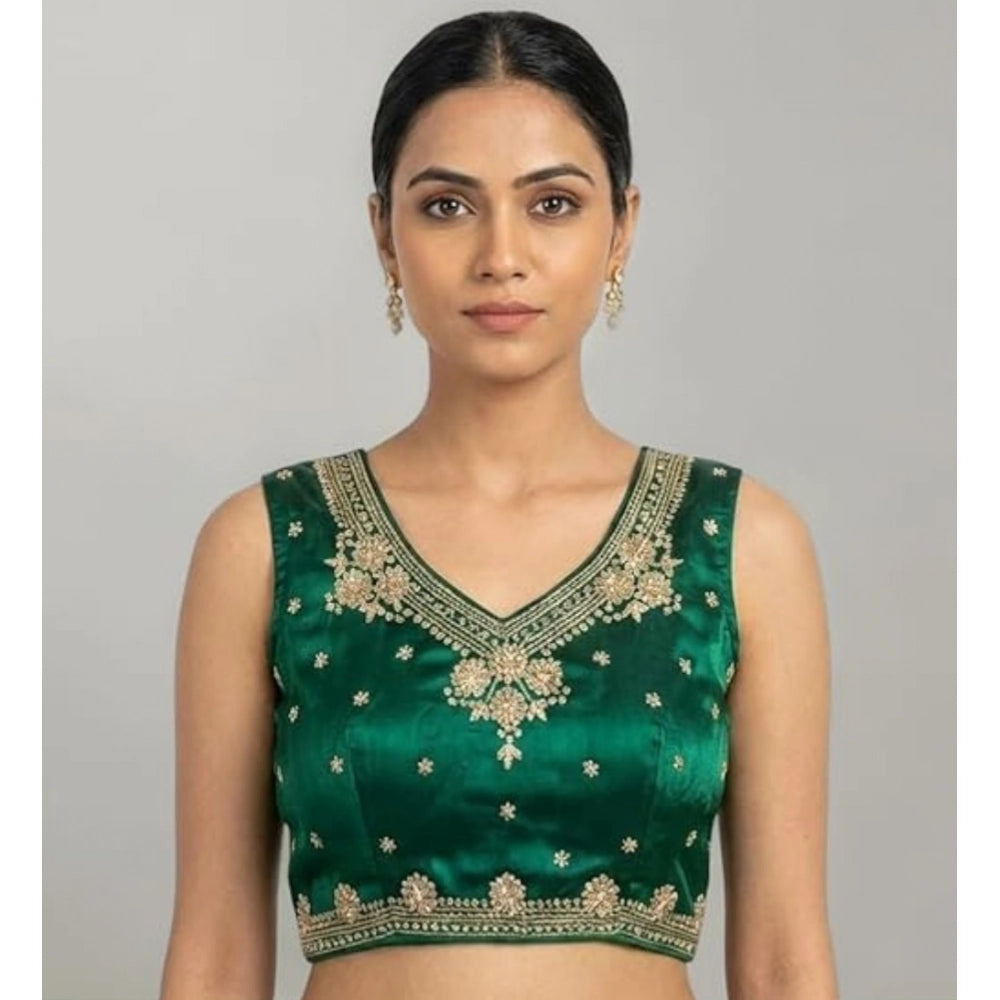Green silk embroidered v-neck sleeveless padded blouse for women, size 38 on model