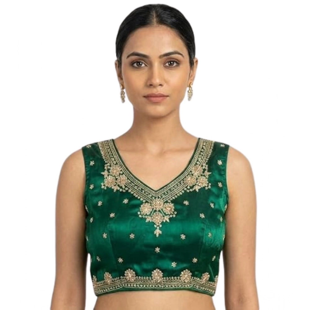 Green silk embroidered v-neck sleeveless padded blouse on mannequin, size 38, hook closure