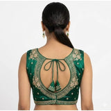 Green silk embroidered v-neck sleeveless padded blouse with hook closure