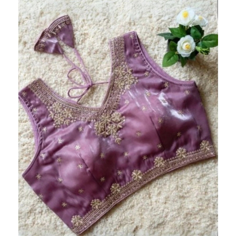 Purple silk embroidered v-neck sleeveless blouse with padded shoulders for women, hook closure type