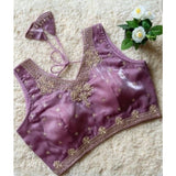 Purple silk embroidered v-neck sleeveless blouse with padded shoulders for women, hook closure type