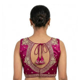 Pink silk embroidered V-neck sleeveless padded blouse (size 38), intricate pattern on display