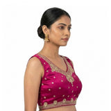 Pink silk embroidered v-neck sleeveless padded blouse (size 38), intricate design on display rack