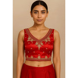 Red silk embroidered v-neck sleeveless padded blouse, size 38 on model