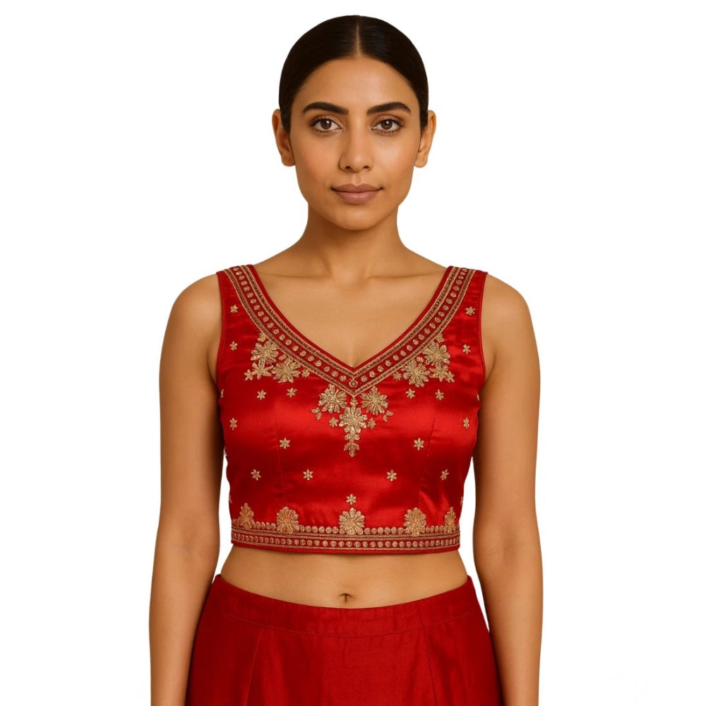 Red silk embroidered V-neck padded blouse (size 38), close-up view