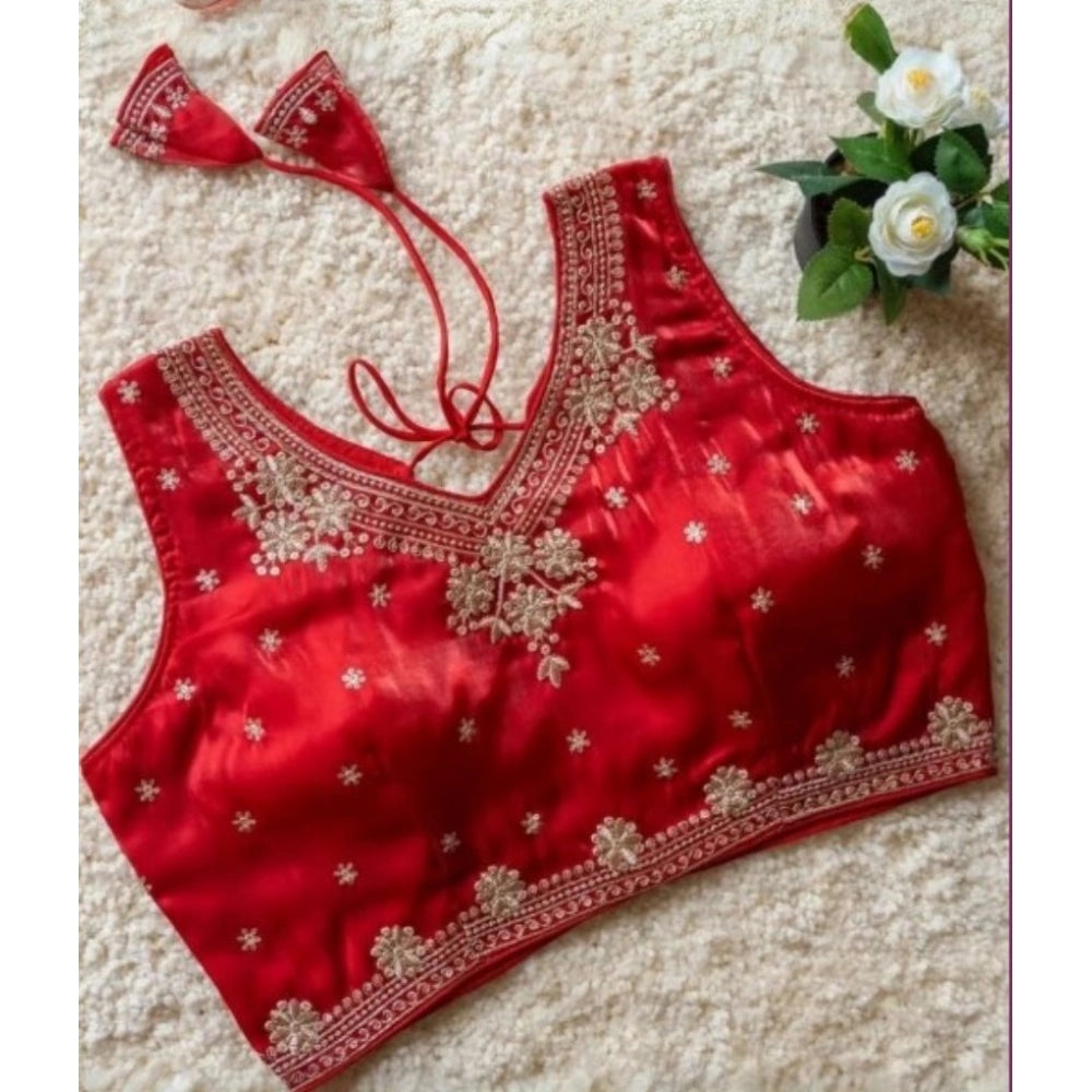 Red silk embroidered V-neck sleeveless blouse (size 38), hook neck closure, padded for women's fashion