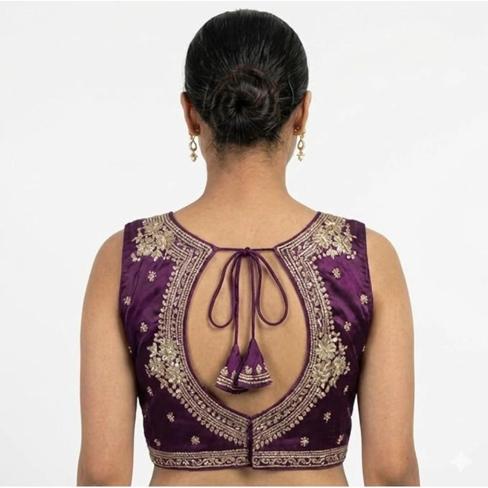 Women's silk embroidered wine-colored V-neck padded blouse, sleeveless with hook closure