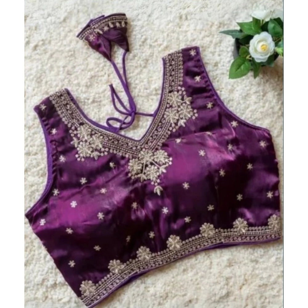 Wine silk embroidered V-neck sleeveless blouse with padded shoulders, hook closure for women's formal wear