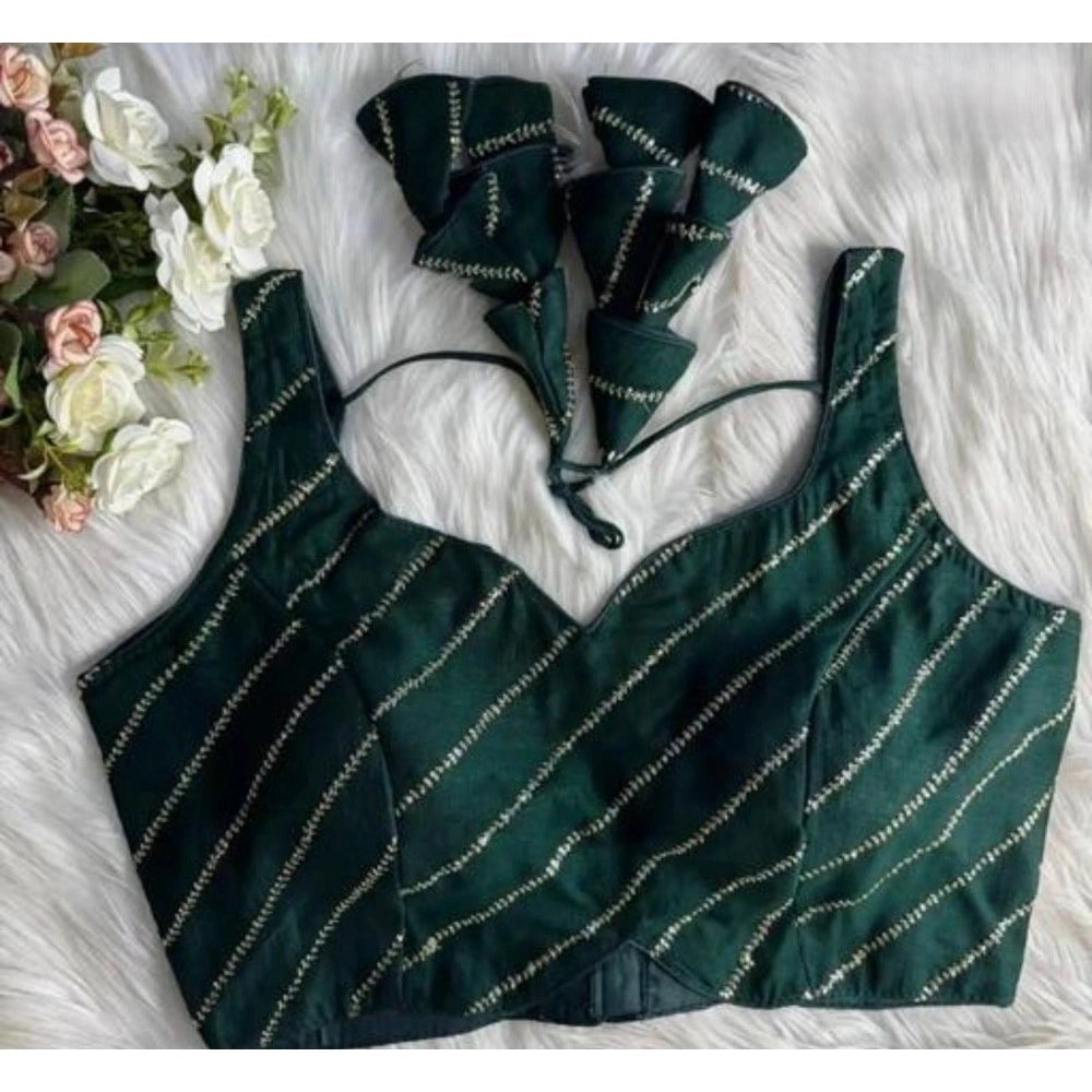Green silk embellished sweetheart neck sleeveless padded blouse for women, size 38
