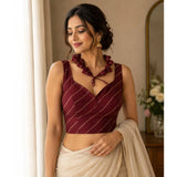 Maroon silk embellished sweetheart neck sleeveless padded blouse (size 38), detailed close-up view with intricate patterns