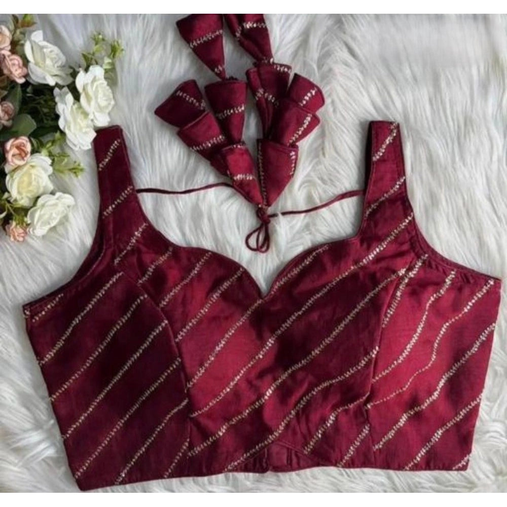 Maroon silk-embroidered sleeveless padded blouse with sweetheart neckline (actual color may vary)