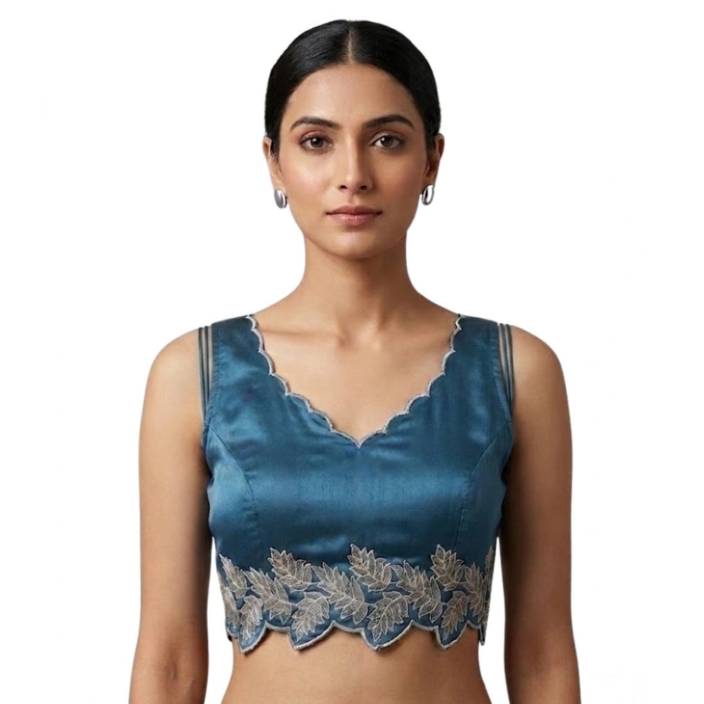 Blue silk embroidered sleeveless padded blouse with sweetheart neck, ready-made and hook closure
