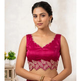 Women's Silk Embroidered Sweetheart Neck Sleeveless Readymade Padded Blouse (Pink, Size 38)