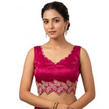 Women's Silk Embroidered Sweetheart Neck Sleeveless Readymade Padded Blouse (Pink, Size 38)