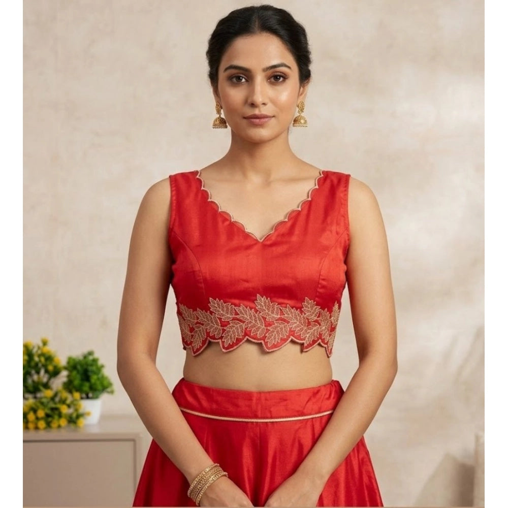 Red silk embroidered sleeveless blouse with sweetheart neck, padded, size 38