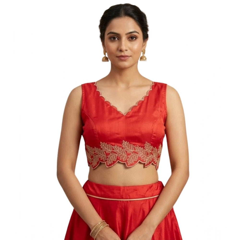 Red silk embroidered sleeveless padded blouse (size 38), hook neck type with embellished sweetheart neck design