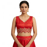 Red silk embroidered sleeveless padded blouse (size 38), hook neck type with embellished sweetheart neck design