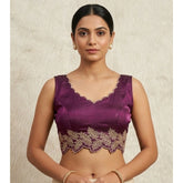 Women's wine-colored silk embroidered sweetheart neck sleeveless blouse with padded detail