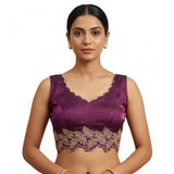 Women's silk embroidered wine-colored sleeveless padded sweetheart neck blouse, intricate pattern details on display