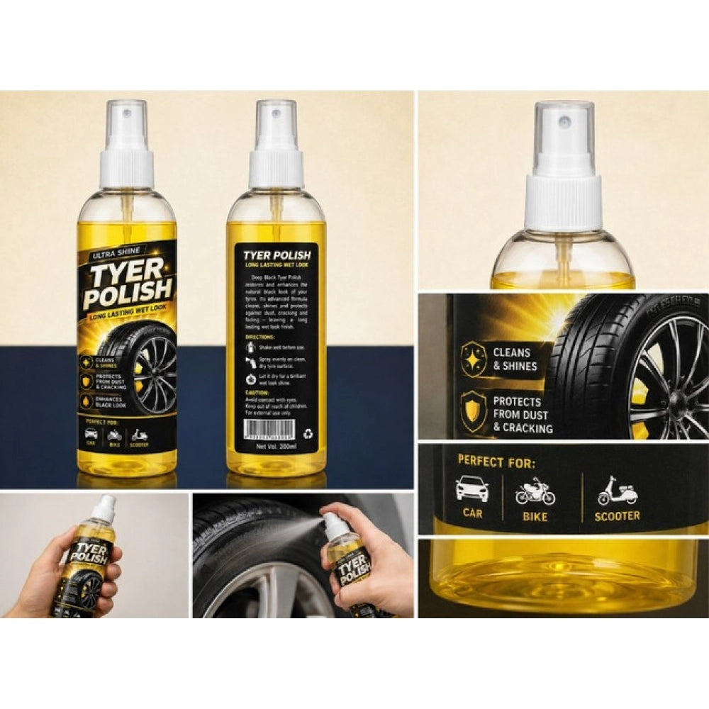 Deep black tyre polish liquid spray bottles (2 pcs, 100ml each), protects against dust and cracking