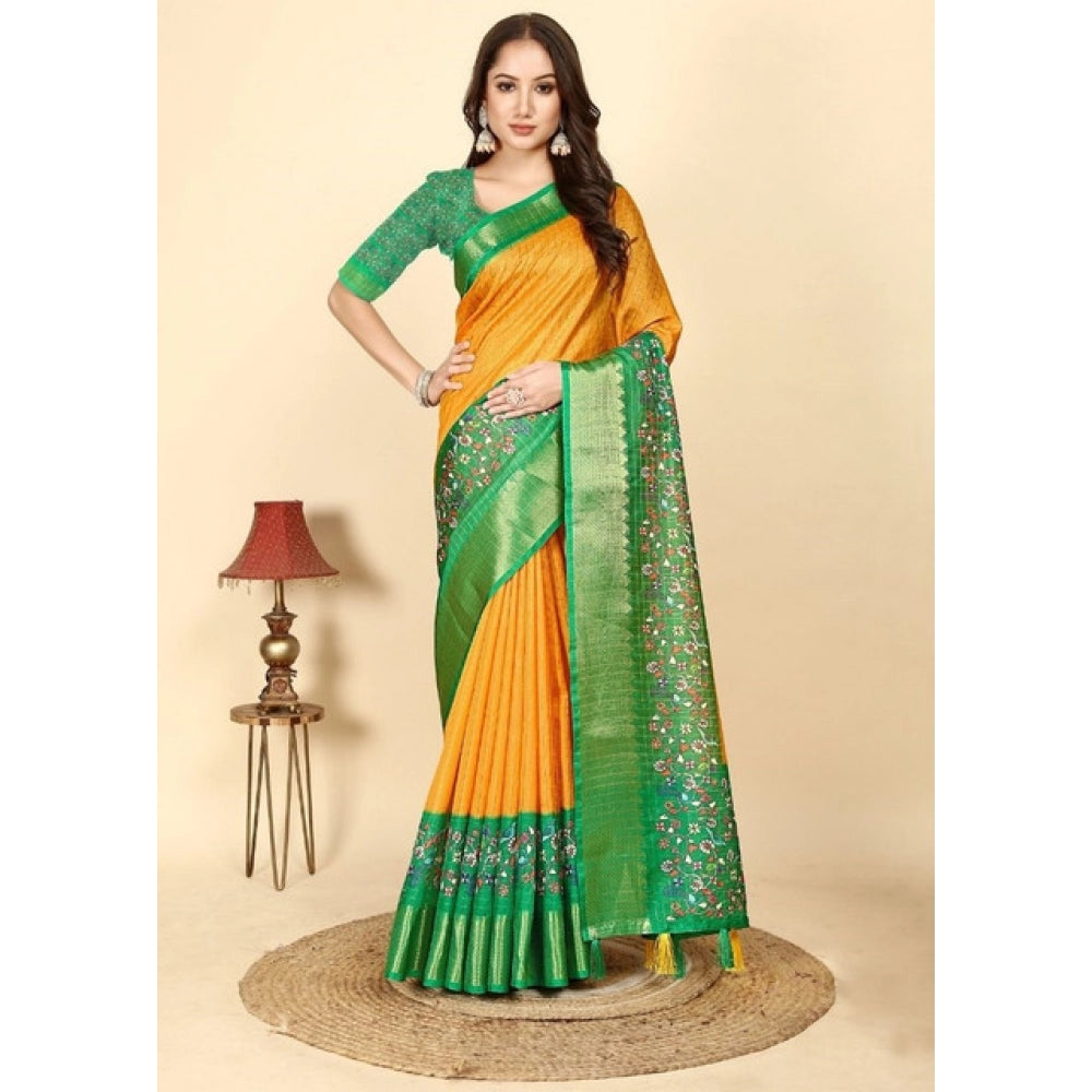 Yellow-Green cotton silk printed saree with unstitched blouse, vibrant Indian women's wear
