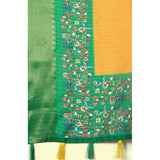 Yellow-green cotton silk printed saree with unstitched blouse, vibrant floral pattern on display