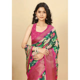 Green cotton silk floral printed saree with unstitched blouse, 5.5mtr on model