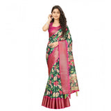 Green cotton silk floral printed saree with unstitched blouse, vibrant blooms on 5.5m fabric