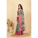 Green cotton silk floral printed saree with unstitched blouse, 5.5Mtr - vibrant, traditional Indian wear for women