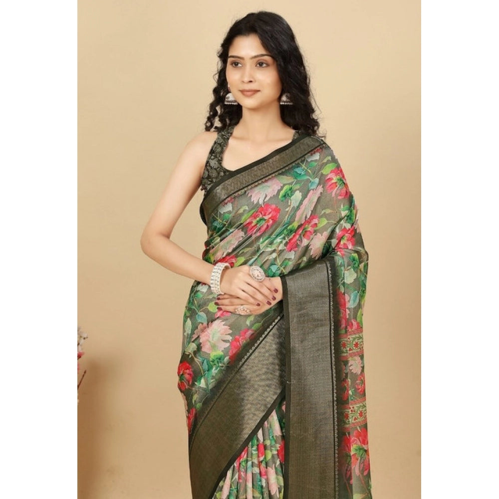 Grey cotton silk floral printed saree with unstitched blouse, 5.5mtr length on model