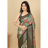 Grey cotton silk floral printed saree with unstitched blouse, 5.5mtr length on model