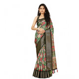 Grey cotton silk floral printed saree with unstitched blouse, 5.5mtr length