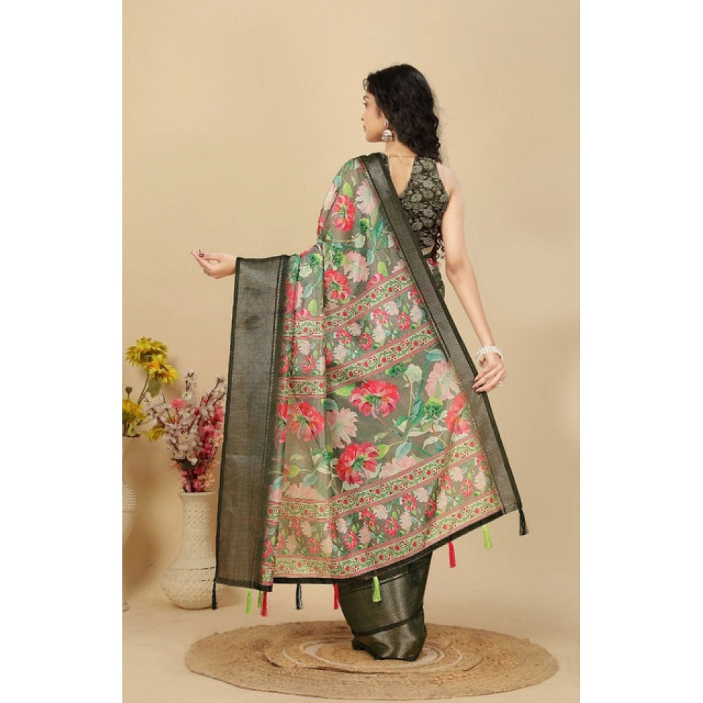 Grey cotton silk floral printed saree with unstitched blouse, 5.5mtr length