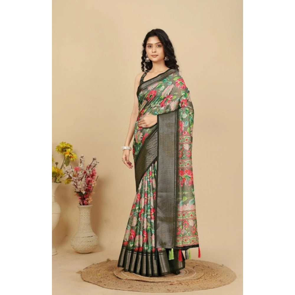 Grey cotton silk floral printed saree with unstitched blouse, 5.5mtr length on mannequin