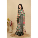 Grey cotton silk floral printed saree with unstitched blouse, 5.5mtr length on mannequin