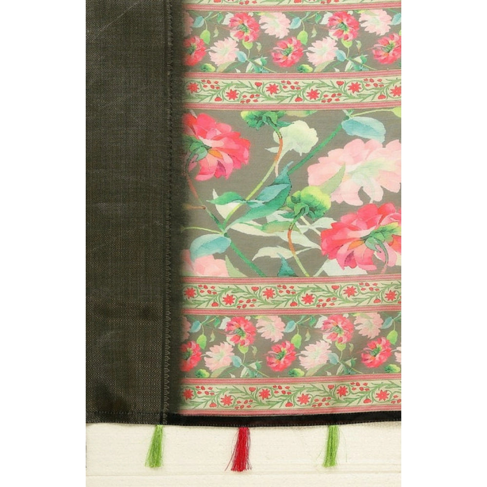 Grey cotton silk floral printed saree with unstitched blouse, 5.5Mtr