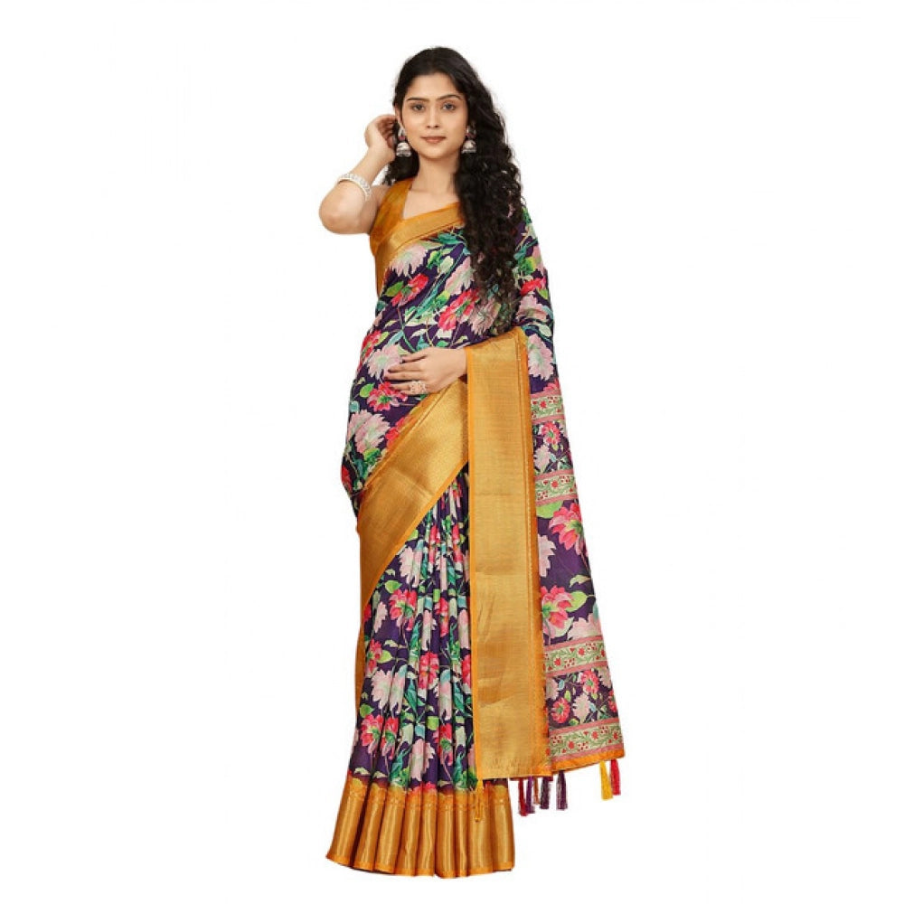 Purple cotton silk floral printed saree with unstitched blouse (5.5Mtr), elegant women's traditional Indian wear