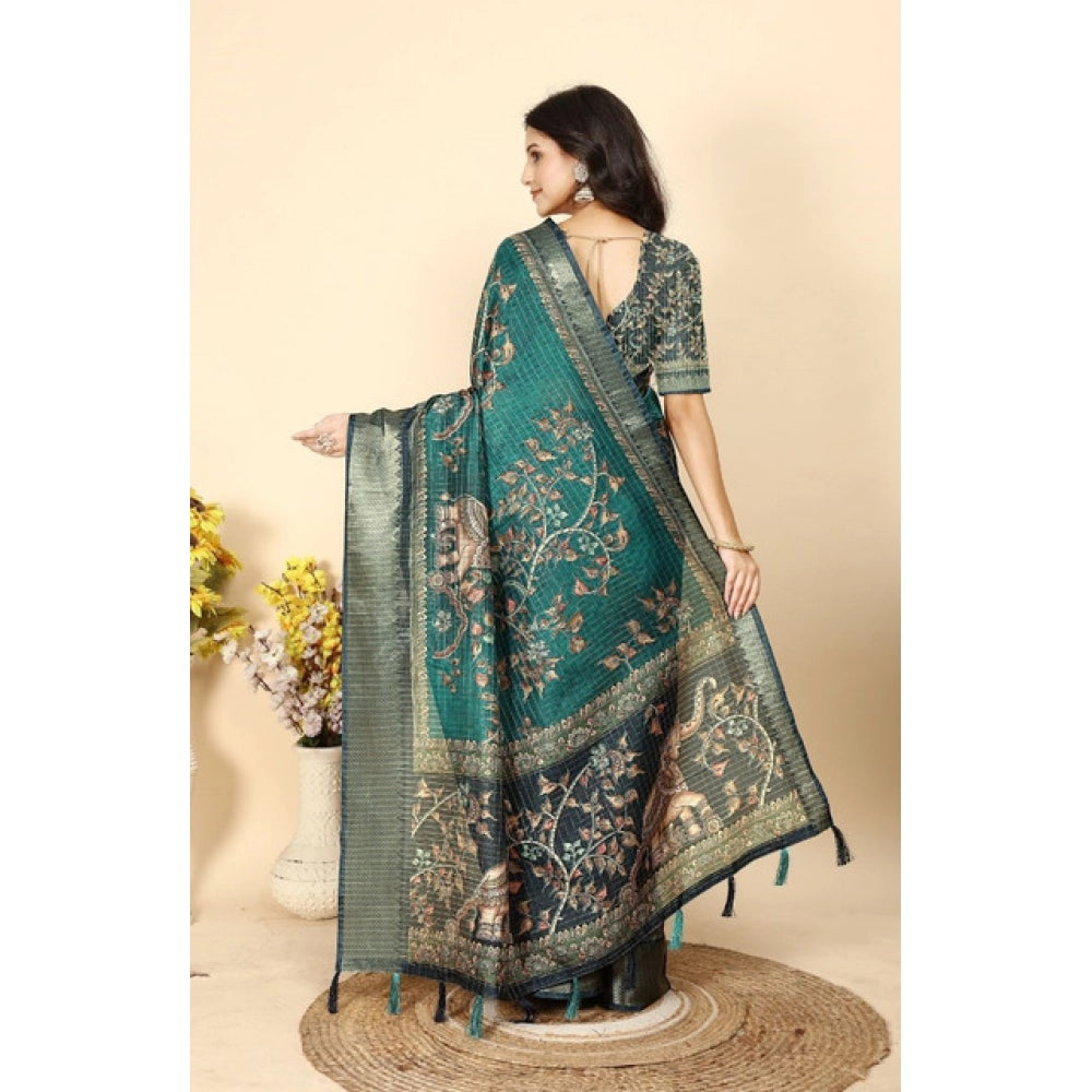 Teal cotton silk printed saree with unstitched blouse (5.5mtr), versatile ethnic wear
