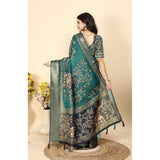 Teal cotton silk printed saree with unstitched blouse (5.5mtr), versatile ethnic wear