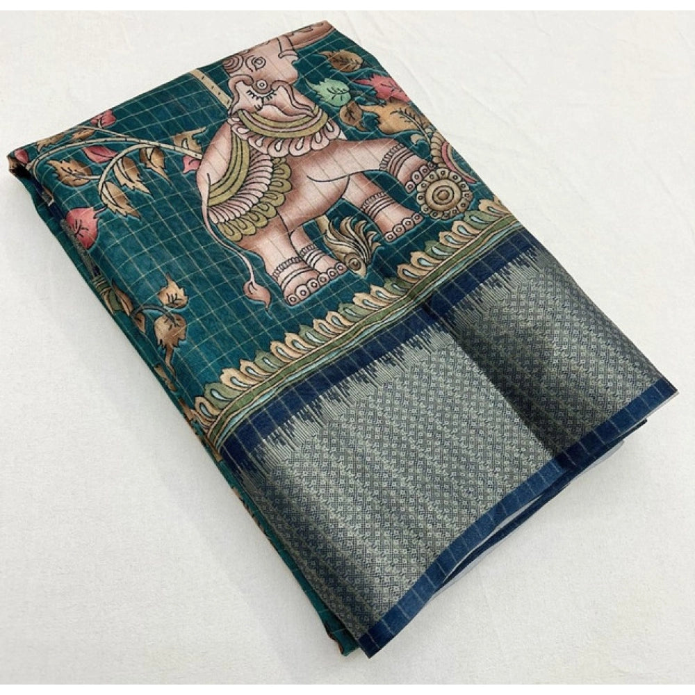 Teal cotton silk printed saree with unstitched blouse, vibrant pattern for women's ethnic fashion