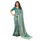 Teal cotton silk floral printed saree with unstitched blouse (5.5mtr), luxury women's traditional Indian wear