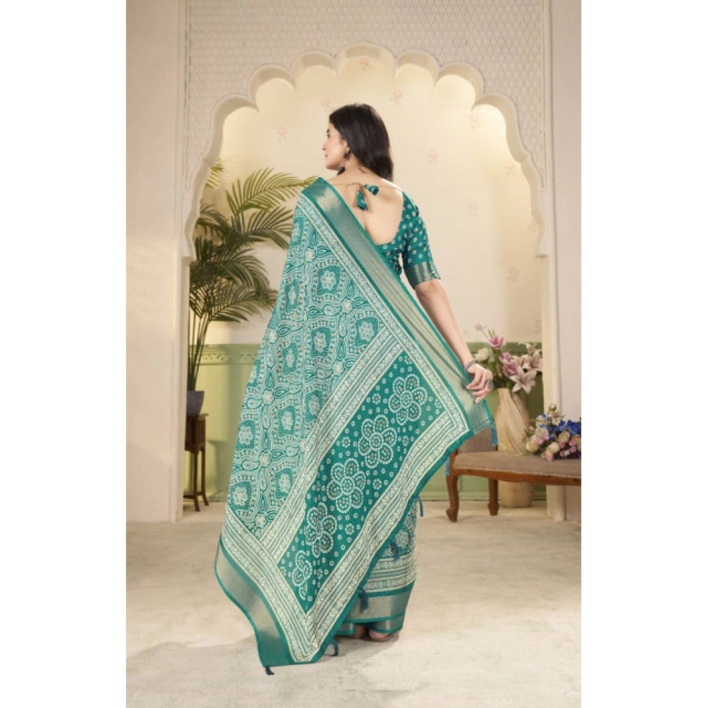 Teal cotton silk floral printed saree with unstitched blouse, vibrant floral pattern on 5.5Mtr length