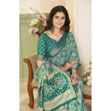 Teal cotton silk floral printed saree with unstitched blouse, 5.5mtr (close-up)