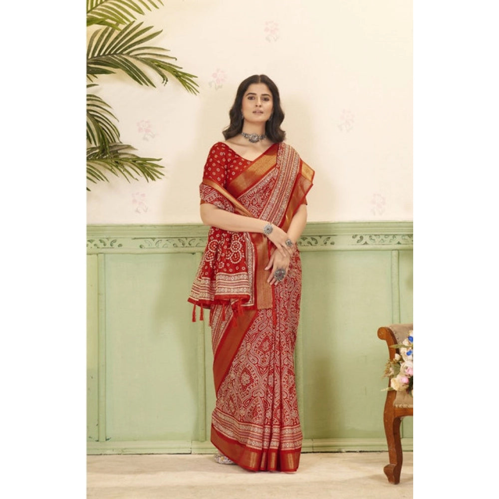 Red cotton silk floral printed saree with unstitched blouse (5.5Mtr), traditional Indian wear