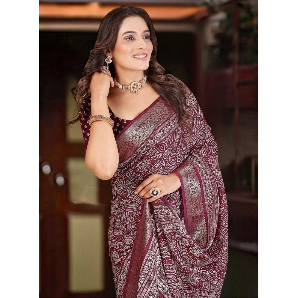 Maroon cotton silk floral printed saree with unstitched blouse, 5.5Mtr, intricate floral design